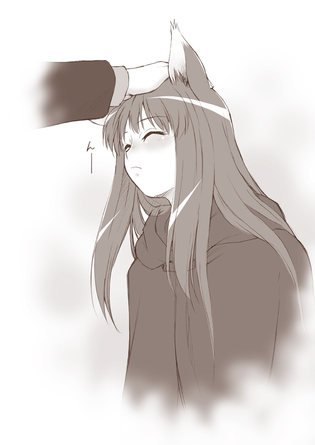 kouda tomohiro, holo, spice and wolf, 00s, 1girl, animal ears, closed eyes, head pat, headpat, monochrome, solo focus, wolf ears