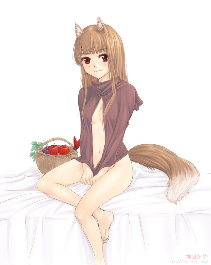 kanda aya, holo, spice and wolf, 00s, animal ears, apple, barefoot, bottomless, brown hair, feet, food, fruit, long hair, red eyes, solo, tail, wolf ears, wolf tail