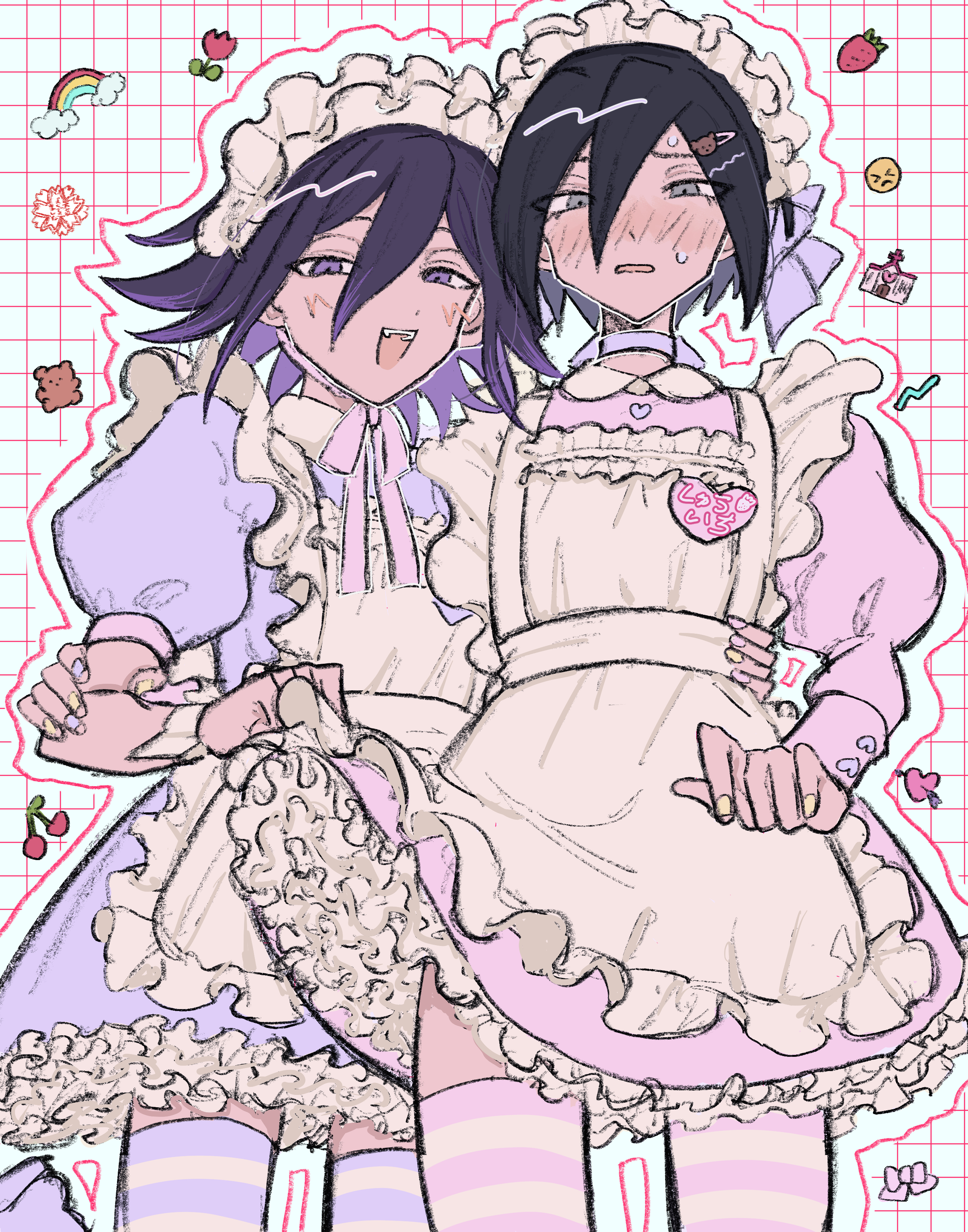ni (yawarakahonpo), oma kokichi, saihara shuichi, danganronpa (series), danganronpa v3: killing harmony, absurdres, commentary request, highres, 2boys, ahoge, alternate costume, apron, arrow through heart, black hair, blush, bonnet, brown eyes, buttons, cherry, clothes lift, crossdressing, crossdressing (mtf), dress, emoji, enmaided, flipped hair, flower, food, frilled apron, frilled bonnet, frills, fruit, full-face blush, grid background, hair between eyes, lifting another's clothes, long sleeves, looking at viewer, maid, maid apron, male focus, medium hair, multiple boys, nail polish, narrowed eyes, open mouth, outline, pastel colors, pink dress, puffy long sleeves, puffy short sleeves, puffy sleeves, purple dress, purple eyes, purple hair, ringed eyes, short hair, short sleeves, skirt, skirt lift, smile, strawberry, striped clothes, striped thighhighs, stuffed animal, stuffed toy, sweat, teddy bear, thighhighs, trap, yaoi, zettai ryouiki