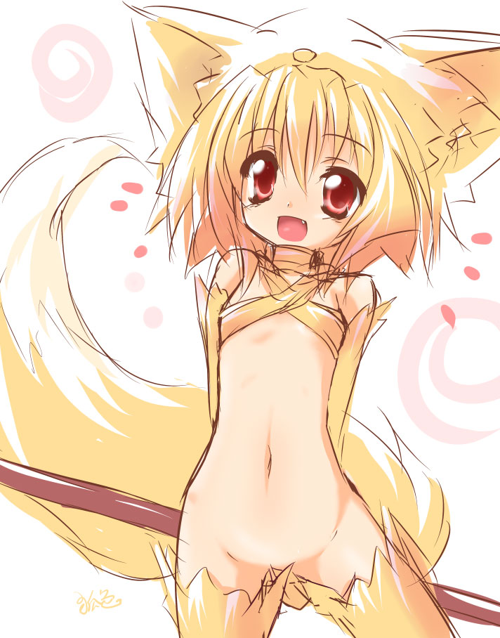 kazami karasu, moonlight flower, ragnarok online, 1girl, animal ears, belly, blonde hair, bottomless, female focus, fox ears, fox girl, fox tail, hair between eyes, loli, navel, red eyes, solo, tail