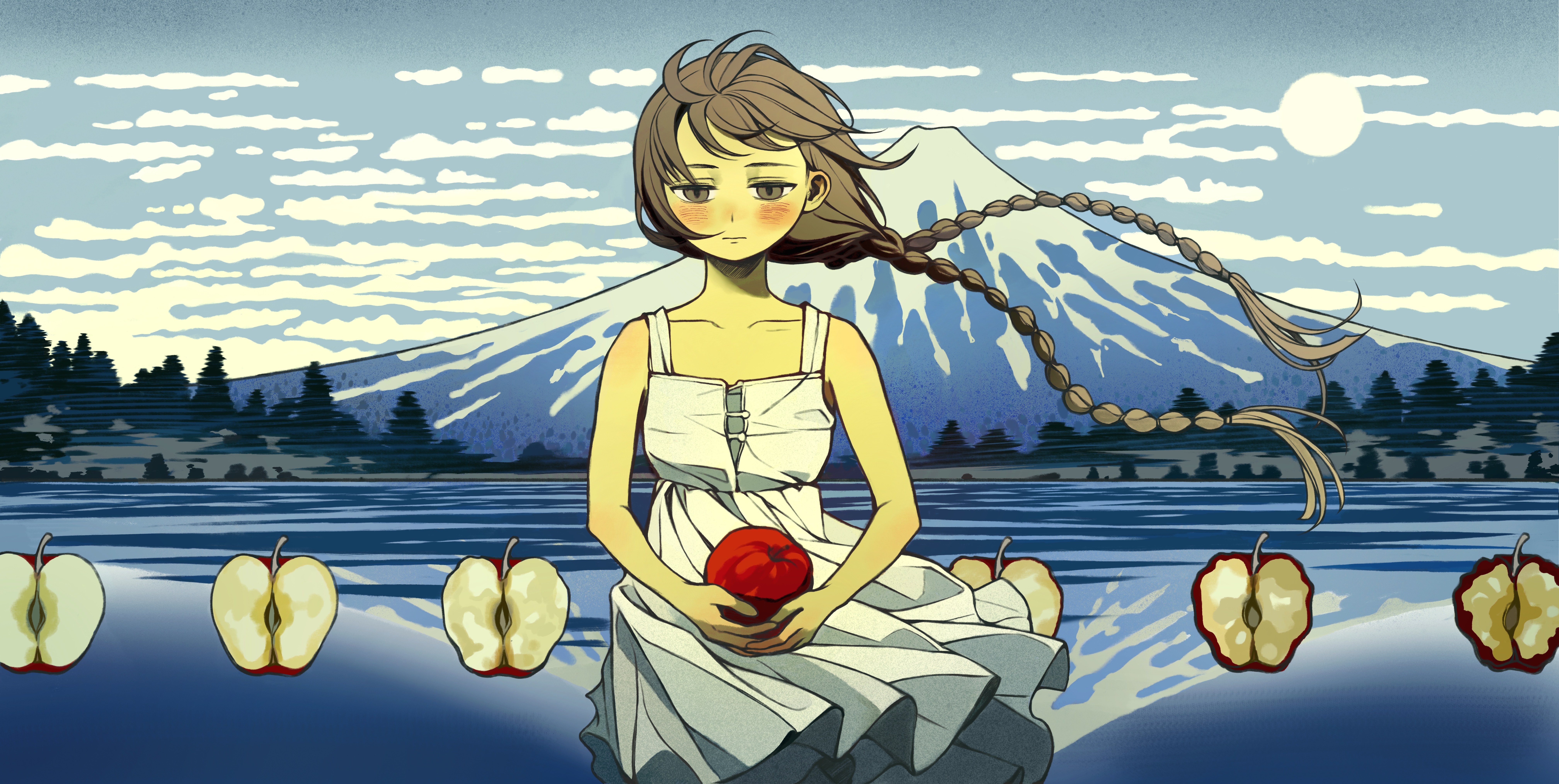 chaojufei, original, absurdres, commentary, highres, 1girl, apple, braid, brown eyes, brown hair, dress, food, fruit, holding, holding food, holding fruit, low twintails, mountain, rotting, solo, sundress, twin braids, twintails