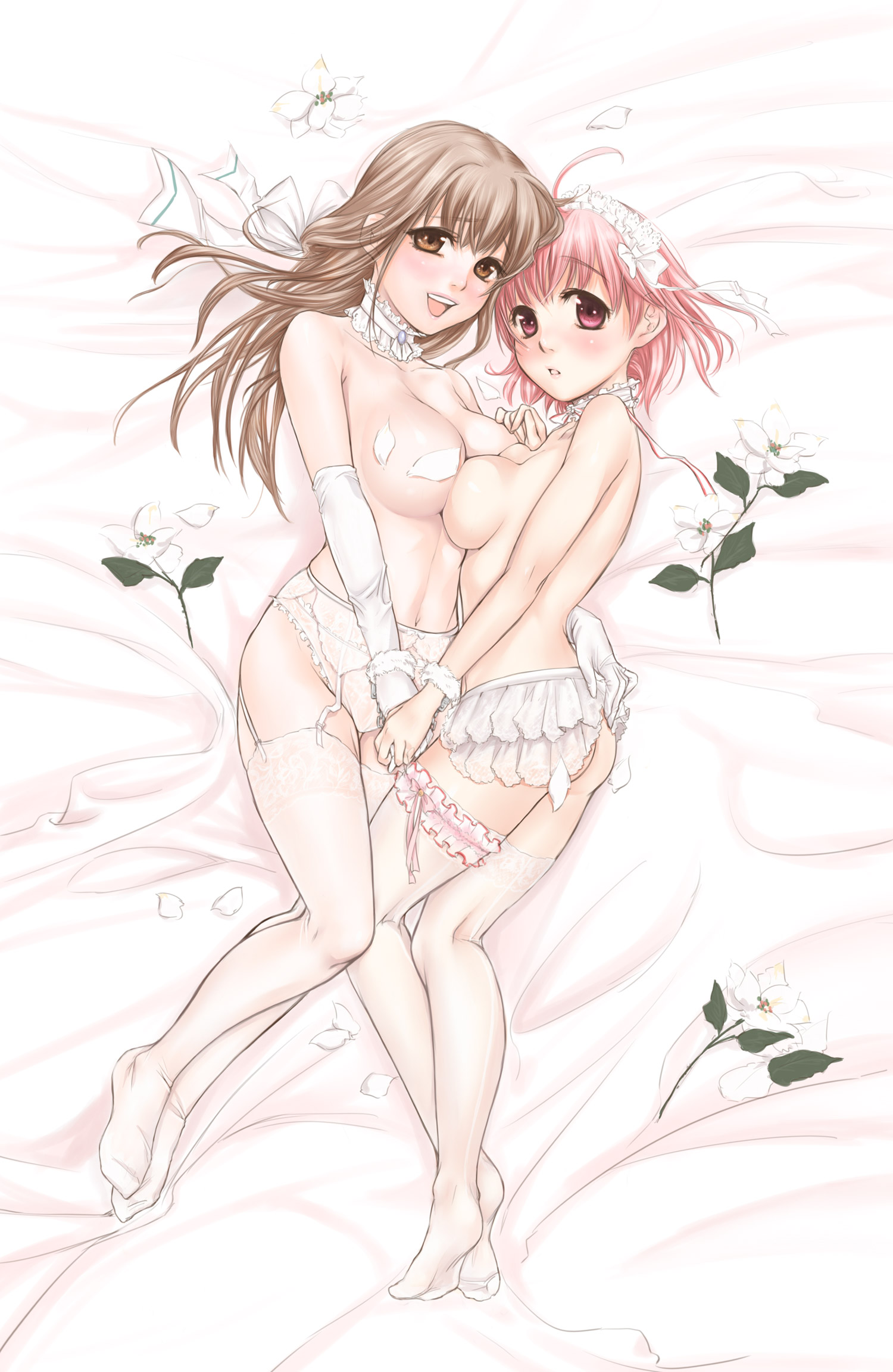 kanda aya, mashiba mariko, motoori chigusa, original, highres, 2girls, breast press, breasts, elbow gloves, feet, flower, frilled panties, frills, garter belt, gloves, hair ribbon, large breasts, lingerie, medium breasts, multiple girls, panties, petals, pink eyes, pink hair, ribbon, short hair, symmetrical docking, thighhighs, topless female, underwear, underwear only, yuri