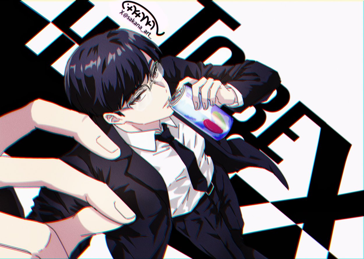 sakana (caviarfish), x (to be hero x), to be hero, to be hero x, 1boy, black hair, black suit, bowl cut, business suit, formal clothes, glasses, incoming drink, snapping fingers, solo, suit