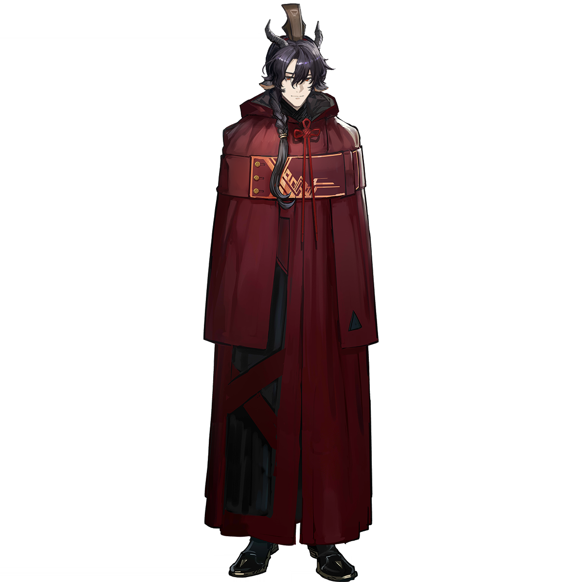 arknights, official art, third-party source, 1boy, animal ears, black hair, black shoes, braid, cloak, closed mouth, full body, high-ended braid, hood, hood down, hooded cloak, horns, jie zhen (arknights), long hair, looking at viewer, male focus, red cloak, red eyes, sheep boy, sheep ears, sheep horns, shoes, simple background, single braid, smile, solo, standing, tachi-e, transparent background