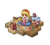 makako, makako (yume bouei shoujo tai), alice margatroid, shanghai doll, touhou, animated, animated gif, lowres, 1girl, blonde hair, female focus, gift, isometric, knitting, pixel art, short hair, solo, transparent background