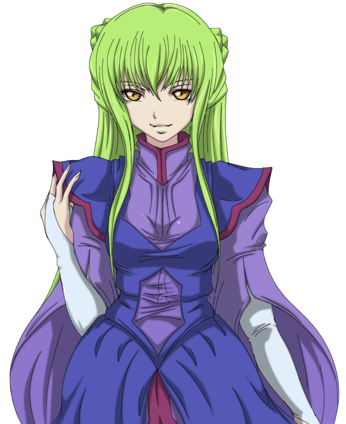 madhatter hello, c.c., marina ismail, code geass, gundam, gundam 00, 1girl, blue dress, bridal gauntlets, closed mouth, cosplay, dress, female focus, green hair, long hair, marina ismail (cosplay), purple dress, simple background, smile, solo, straight hair, white background, yellow eyes