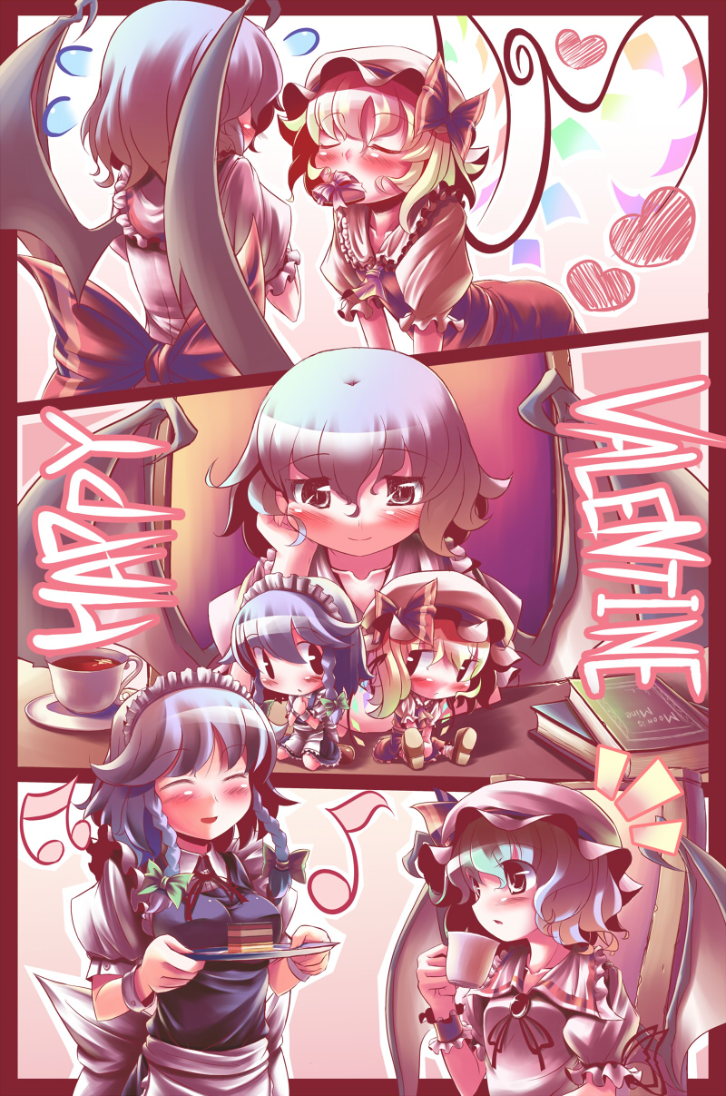 takahero, flandre scarlet, izayoi sakuya, remilia scarlet, touhou, highres, 3girls, apron, ascot, bat wings, blonde hair, blue hair, blush, book, bow, braid, chibi, cup, female focus, heart, maid headdress, multiple girls, musical note, red eyes, ribbon, short hair, side ponytail, skirt, tea, teacup, wings, wrist cuffs