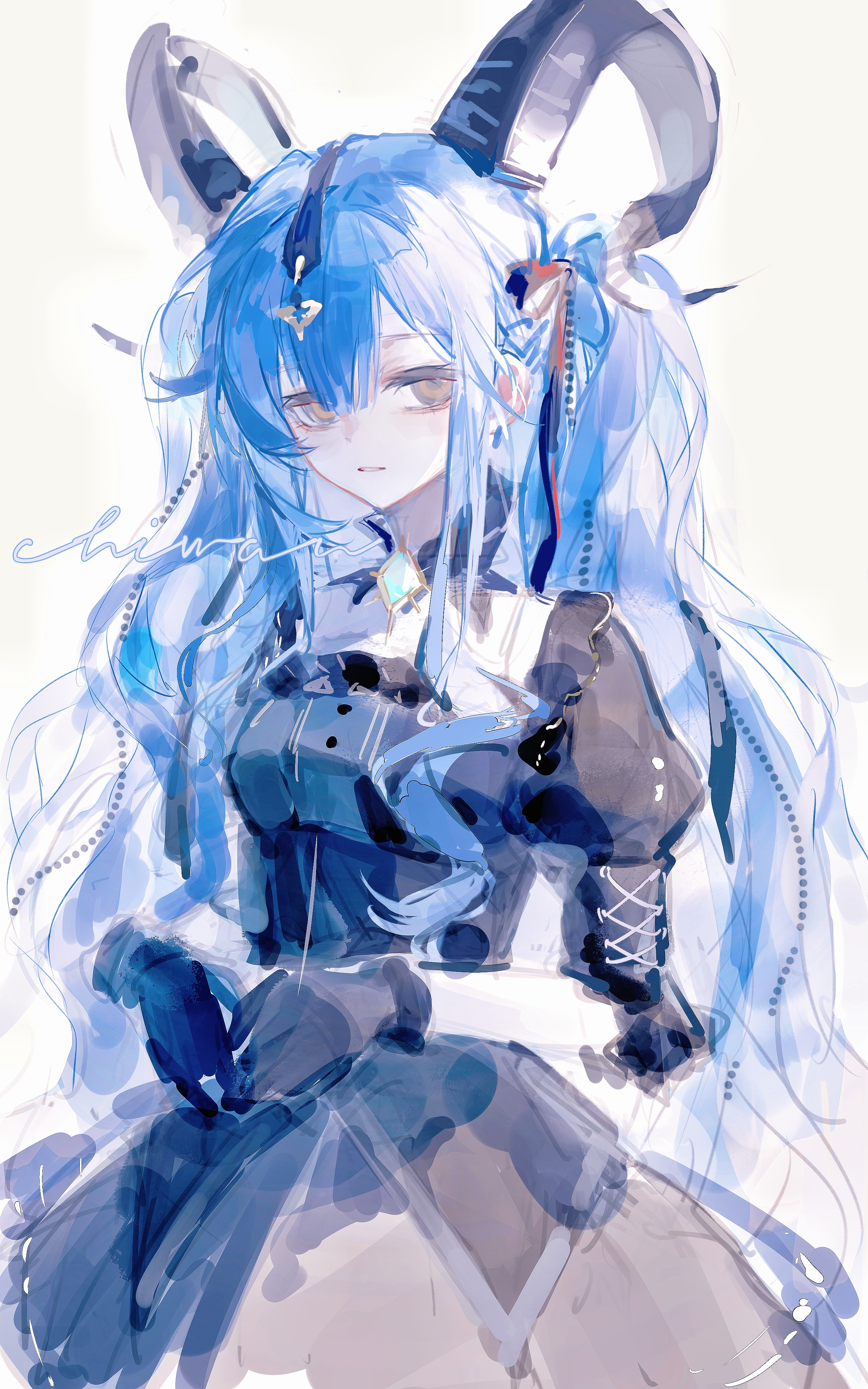 togawa sakiko, arknights, bang dream!, bang dream! it's mygo!!!!!, absurdres, chinese commentary, commentary request, highres, 1girl, black dress, black gloves, black horns, black ribbon, blue hair, cowboy shot, curled horns, detached collar, dress, gloves, hair ribbon, horns, lingdian mengyou, long hair, looking at viewer, official alternate costume, own hands together, parted lips, ribbon, sidelocks, simple background, solo, standing, togawa sakiko (master of melodia), white background, yellow eyes