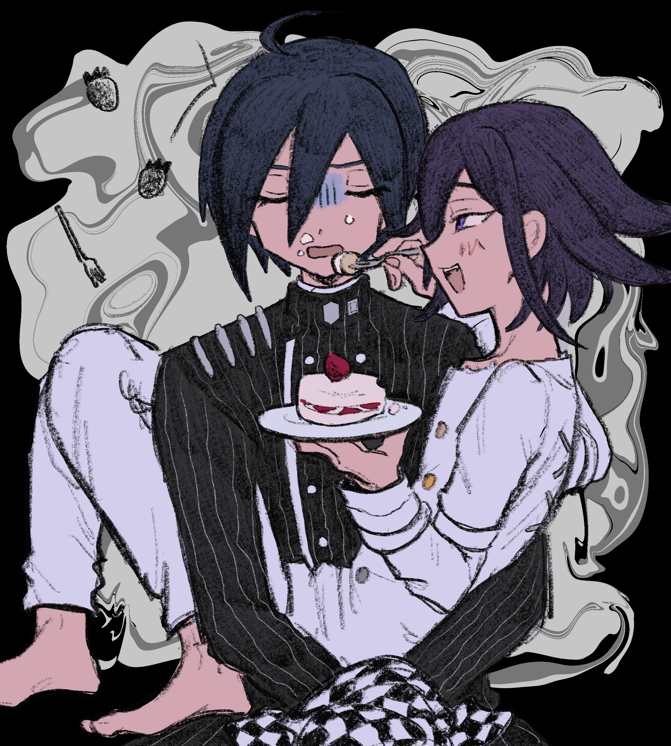 ni (yawarakahonpo), oma kokichi, saihara shuichi, danganronpa (series), danganronpa v3: killing harmony, absurdres, commentary request, highres, 2boys, ahoge, arm belt, barefoot, black background, black hair, blush, bound, bound wrists, buttons, cake, cake slice, checkered clothes, checkered scarf, closed eyes, feeding, flipped hair, food, food on face, fork, hair between eyes, holding, holding fork, holding plate, jacket, knees up, long sleeves, male focus, medium hair, multiple boys, open mouth, pants, plate, profile, purple eyes, purple hair, scarf, short hair, sitting, sitting on lap, sitting on person, smile, unworn scarf, yaoi