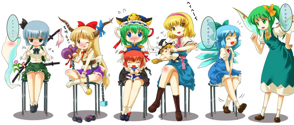 michii yuuki, alice margatroid, cirno, daiyousei, ibuki suika, kirisame marisa, konpaku youmu, konpaku youmu (ghost), onozuka komachi, shiki eiki, ichigo mashimaro, touhou, hard-translated, third-party edit, translated, 6+girls, blonde hair, female focus, hitodama, multiple girls, yukkuri shiteitte ne