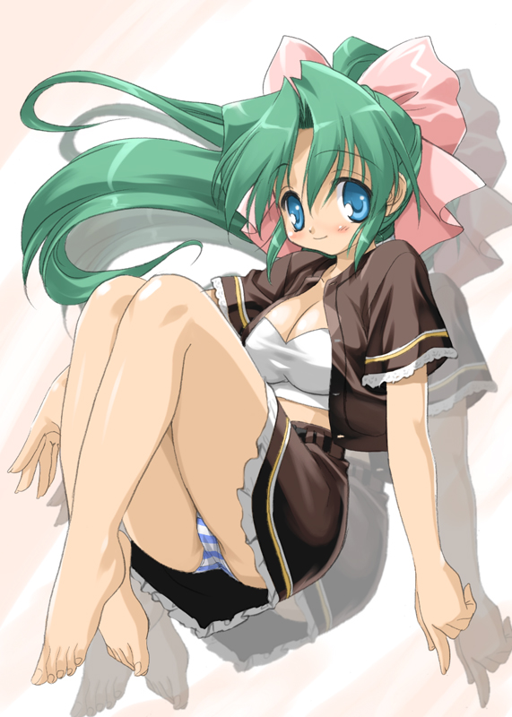 mitarashi kousei, original, toe-point, 1girl, barefoot, blush, feet, female focus, open clothes, open shirt, panties, pantyshot, ponytail, ribbon, shirt, solo, toes, underwear