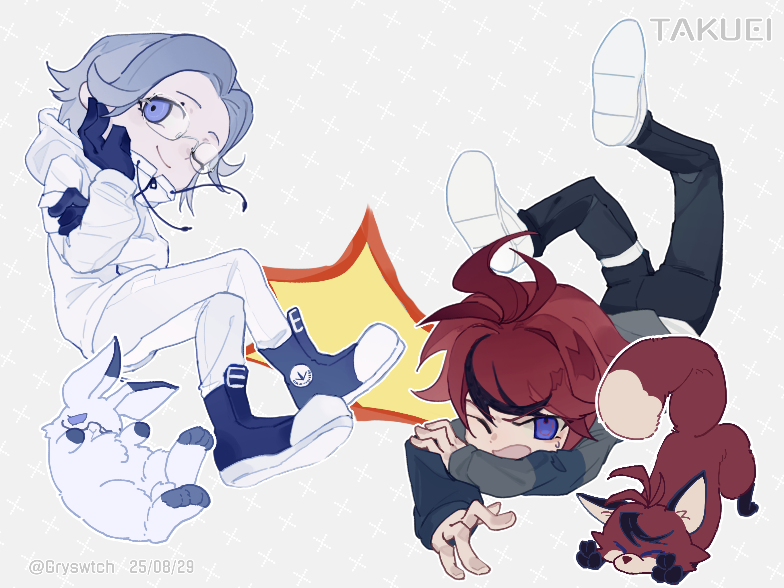 aotsuki eito, sumino takumi, the hundred line -last defense academy-, chinese commentary, commentary request, highres, 2boys, ;), animalization, antenna hair, black gloves, black hair, black pants, black shoes, blue eyes, blue jacket, closed mouth, drawstring, fox, glasses, gloves, grey hair, grey jacket, hand on own arm, high collar, hood, hood down, hooded jacket, hoodie, invisible chair, jacket, jacket over hoodie, long sleeves, male focus, multicolored hair, multicolored jacket, multiple boys, one eye closed, open clothes, open jacket, open mouth, pants, person and animalization, rabbit, red hair, shoes, short hair, sitting, smile, sneakers, streaked hair, sweat, thigh strap, two-tone hair, two-tone jacket, whalefallofsin, white hoodie, white jacket, white pants, white shoes, zipper pull tab