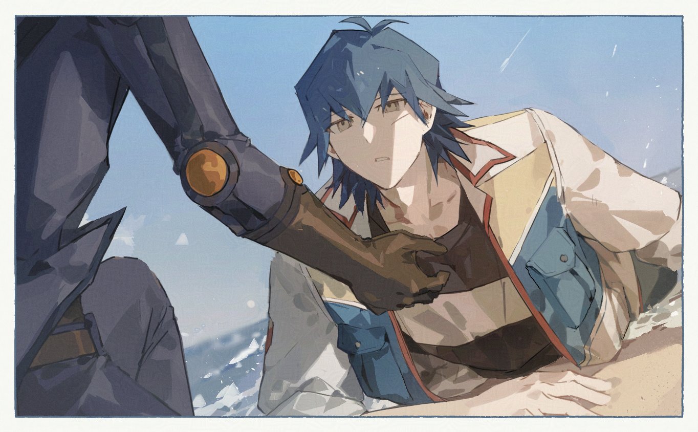 bruno (yu-gi-oh!), fudo yusei, yu-gi-oh!, yu-gi-oh! 5d's, 2boys, beach, blue hair, brown leotard, jacket, leotard, lying, male focus, medium hair, multiple boys, nrkse0n, ocean, on stomach, sand, solo focus, water, white jacket