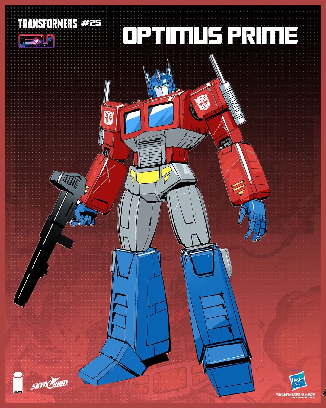 dan mora, optimus prime, transformers, highres, official art, 1boy, autobot, blue eyes, copyright name, gun, holding, holding gun, holding weapon, humanoid robot, joints, looking at viewer, mechanical arms, mechanical legs, no humans, optimus prime (skybound), robot, robot joints, solo, transformers (skybound), weapon, windshield