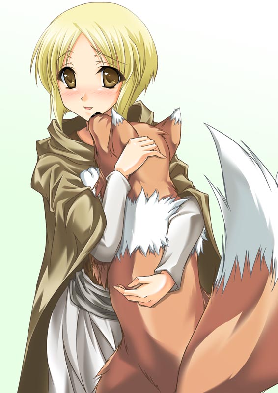 maho (yakimorokoshi), mashuu (masyu), nora arento, spice and wolf, 00s, 1girl, blonde hair, blush, cape, female focus, long sleeves, open mouth, sash, shepherd, short hair, simple background, skirt, solo, yellow eyes
