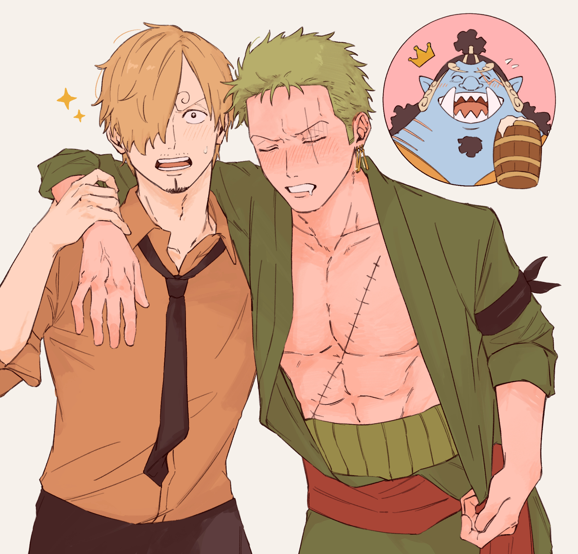 iqracha, jinbe (one piece), roronoa zoro, sanji (one piece), one piece, highres, 3boys, alcohol, arm around shoulder, bare pectorals, beer, black necktie, black pants, blonde hair, blush, drunk, earrings, facial hair, goatee, green kimono, hair over one eye, japanese clothes, jewelry, kimono, male focus, multiple boys, mustache stubble, necktie, open clothes, open kimono, pants, pectorals, scar, scar across eye, scar on face, short hair, sideburns, stitched torso, stitches, stubble, toned, toned male, yaoi