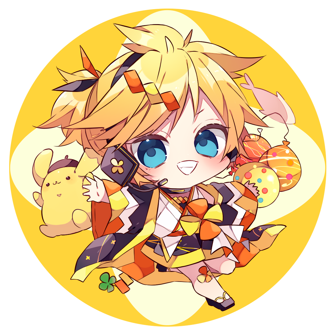 kaho 0102, kagamine len, pompompurin, sanrio, vocaloid, commentary request, 1boy, beret, black jacket, black sandals, black shorts, blonde hair, blue eyes, blush, border, brown hat, chibi, chibi only, full body, grin, hat, headset, jacket, long sleeves, looking at viewer, male focus, open clothes, open jacket, outside border, outstretched arms, round border, sandals, shirt, short hair, shorts, smile, solo, spread arms, white shirt, wide sleeves, yellow background