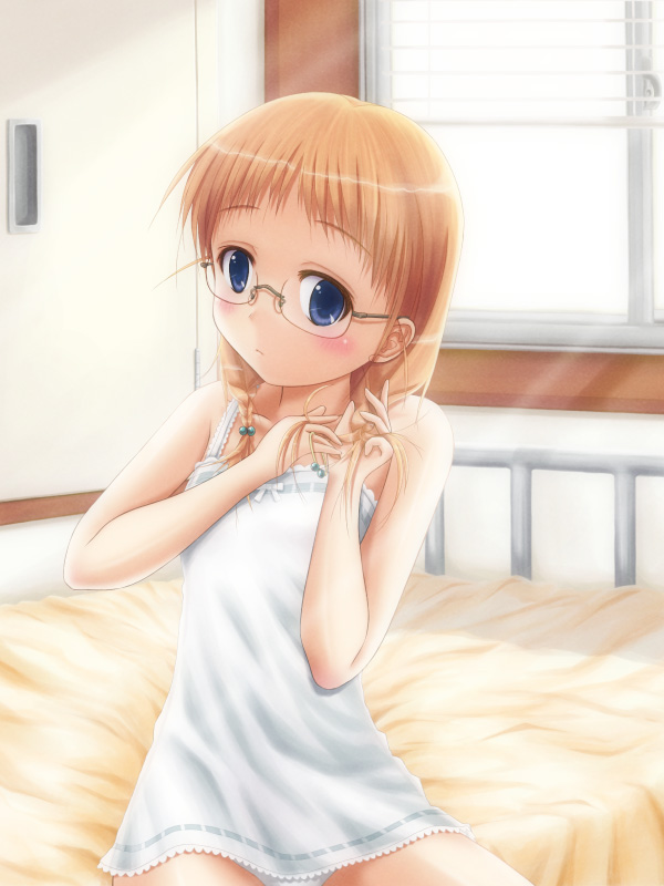 kubo yoshiyuki, 1girl, bed, blonde hair, blue eyes, blush, braid, chemise, dress, female focus, glasses, hairdressing, indoors, looking at viewer, sleeveless, solo, twin braids