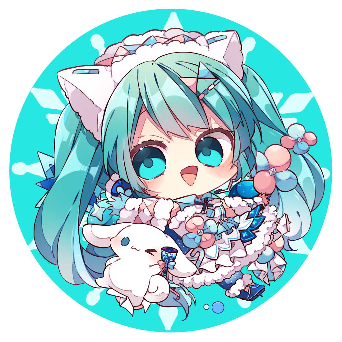 kaho 0102, cinnamoroll, hatsune miku, fuwa fuwa cinnamoroll, sanrio, vocaloid, commentary request, 1girl, :d, bare shoulders, blue background, blue eyes, blue gloves, blue hair, blue shoes, blue socks, blush, chibi, chibi only, detached sleeves, dress, full body, fur-trimmed dress, fur-trimmed sleeves, fur trim, gloves, hat, long hair, long sleeves, looking at viewer, open mouth, shoes, sleeveless, sleeveless dress, smile, socks, solo, twintails, white dress, white hat