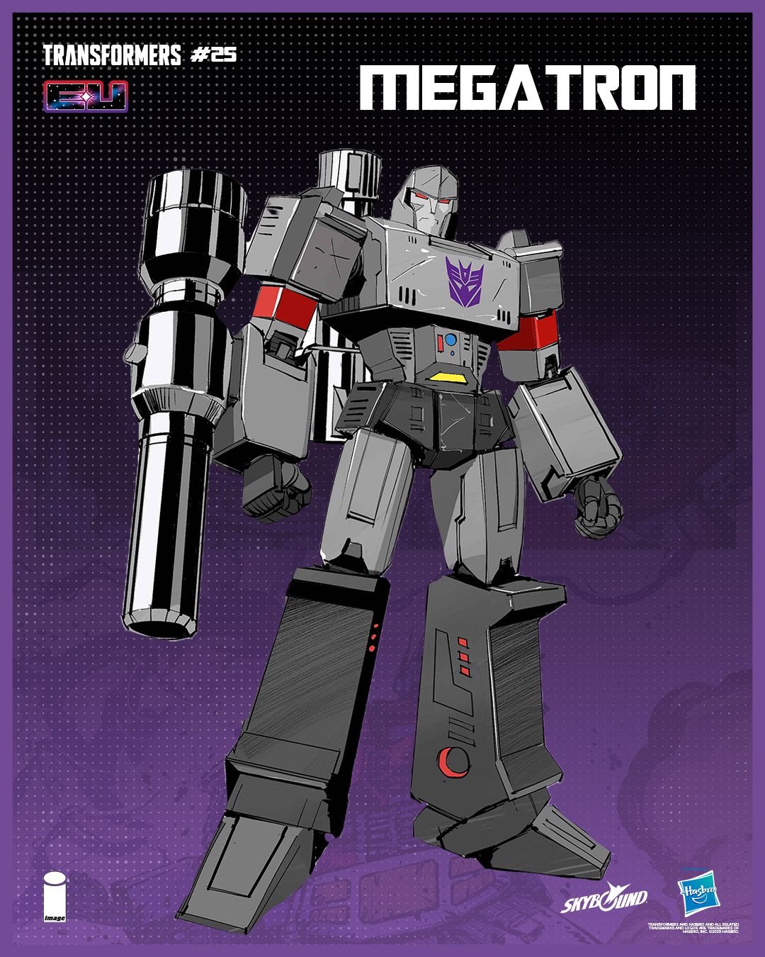 dan mora, megatron, transformers, highres, official art, 1boy, arm cannon, autobot, clenched hands, closed mouth, copyright name, decepticon, humanoid robot, joints, looking at viewer, mechanical arms, mechanical legs, megatron (skybound), no humans, red eyes, robot, robot joints, solo, transformers (skybound), weapon