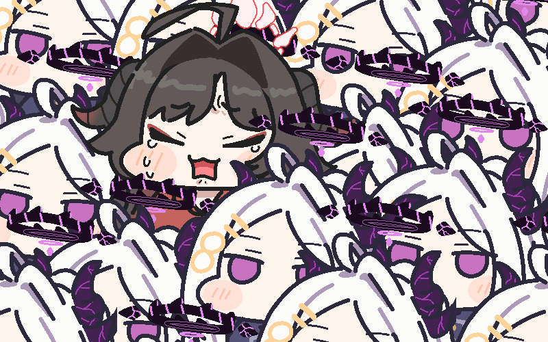 jazz jack, hina (blue archive), kasumi (blue archive), blue archive, 2girls, ahoge, black hair, chibi, crying, crying kasumi (blue archive) (meme), demon girl, demon horns, horns, long hair, meme, multiple girls, open mouth, purple eyes, white hair