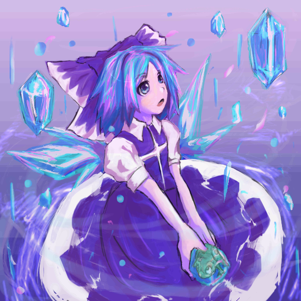 enpou, cirno, touhou, 1girl, bow, female focus, frog, purple background, sitting, solo