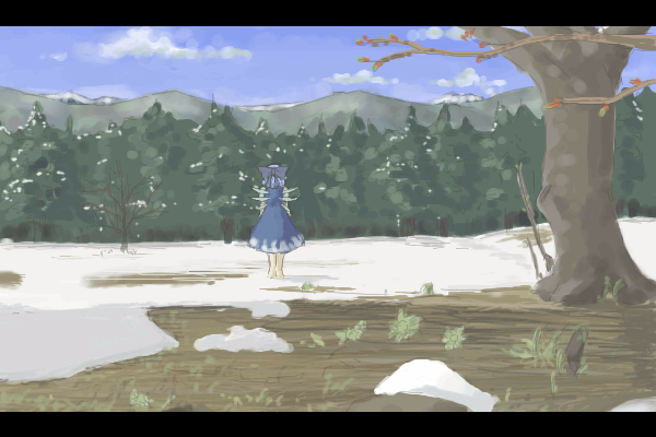 kuroneko no toorimichi, takuzui, cirno, perfect cherry blossom, touhou, 1girl, day, female focus, letterboxed, mountainous horizon, nature, oekaki, outdoors, scenery, snow, solo, standing, tree, wide shot
