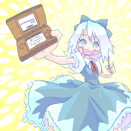 roku, roku (warrock), cirno, touhou, lowres, 1girl, bow, circled 9, corrugated cardboard, female focus, handheld game console, happy, leroy, nintendo ds, oekaki, smile, solo