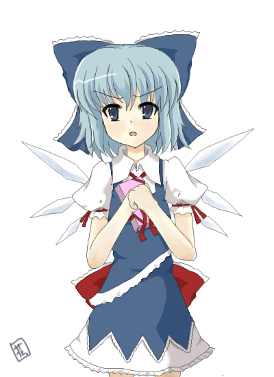 lilac (artist), lilac (p-f easy), rairakku, cirno, touhou, 1girl, bow, female focus, gift, holding, holding gift, solo, valentine
