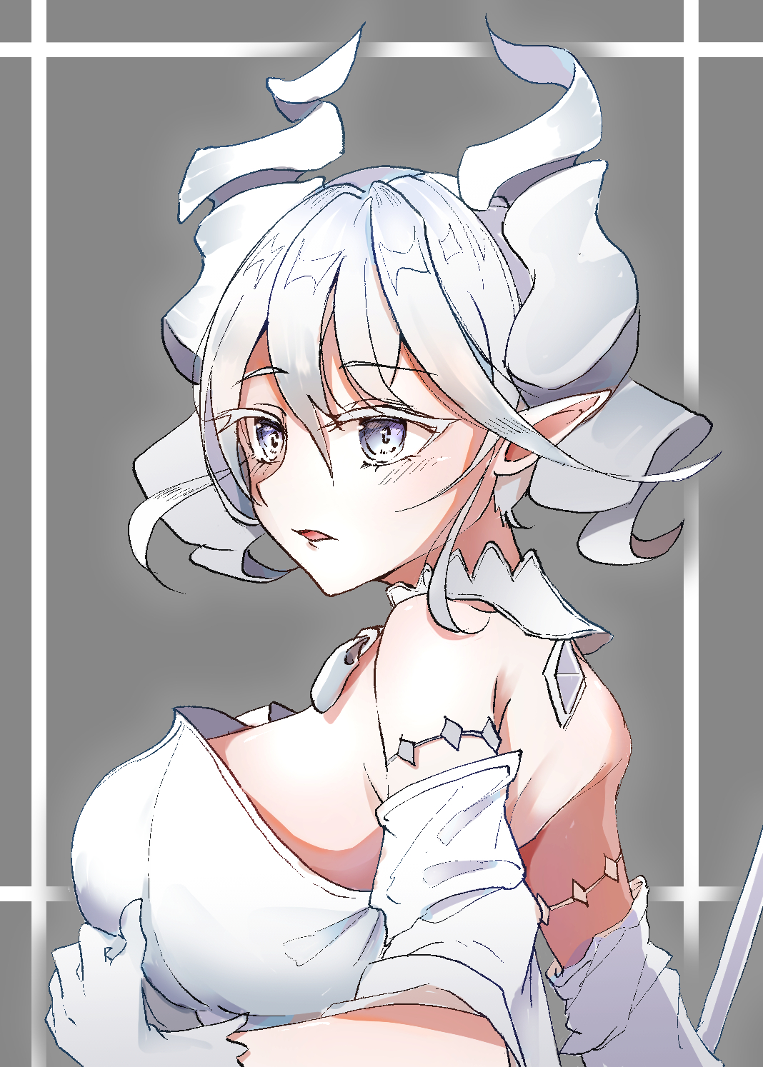 lovely labrynth of the silver castle, yu-gi-oh!, highres, bare shoulders, breasts, demon girl, demon horns, dress, drill hair, duel monster, grey background, grey hair, horns, large breasts, mantikan miro, simple background, strapless, strapless dress, twin drills