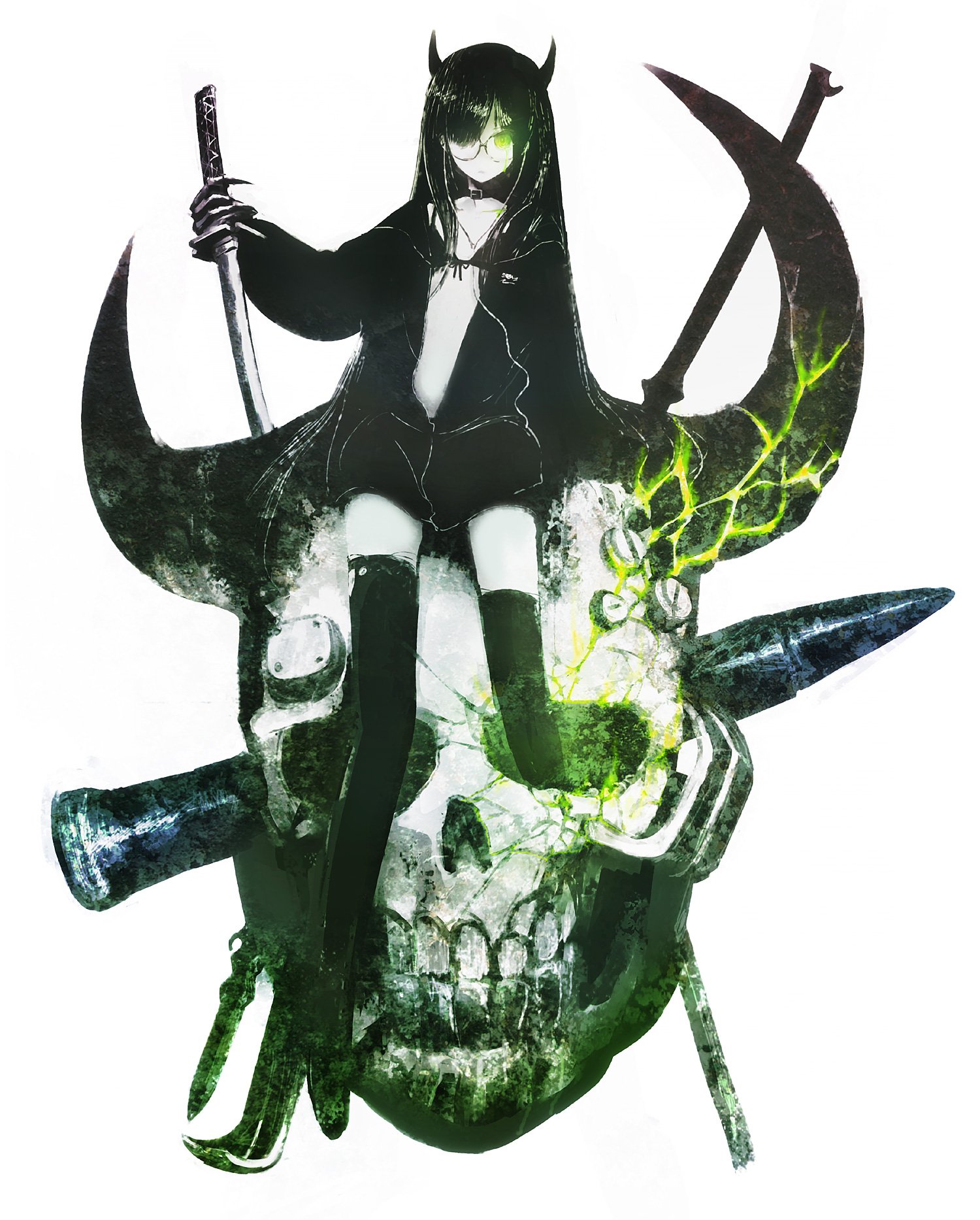 huke, black devil girl, black rock shooter, highres, 10s, 1girl, black hair, bullet, claws, female focus, glasses, glowing, glowing eyes, headphones, horns, katana, pale skin, skull, solo, sword, tears, thighhighs, weapon