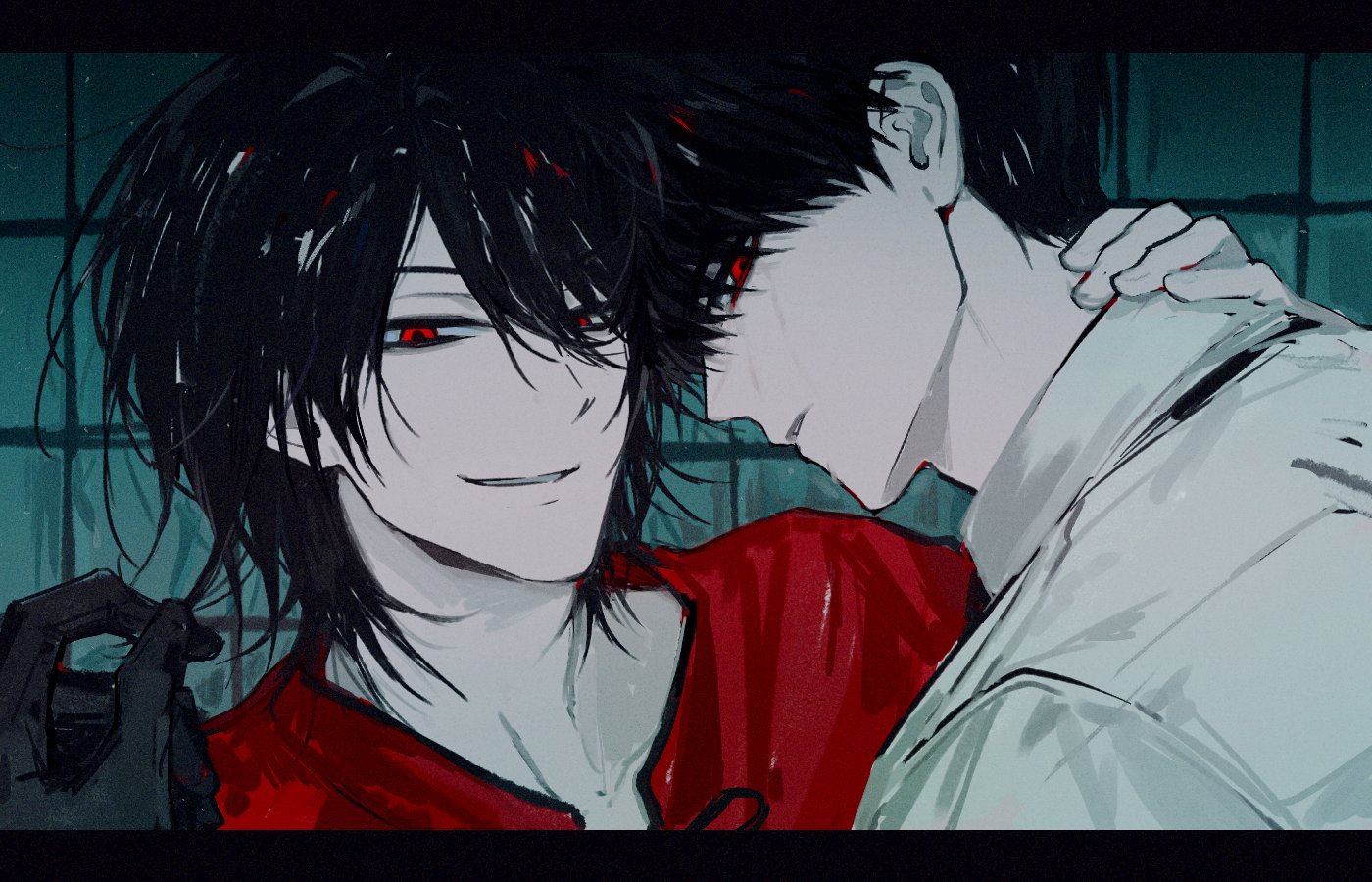 oosaki (ooe), ooe (game), korean commentary, 2boys, black gloves, black hair, collared shirt, daiba shizuma, gloves, looking at viewer, male focus, multiple boys, ooenomori, parted lips, red eyes, red shirt, shirt, short hair, smile, tile wall, tiles, upper body, white shirt, yaoi