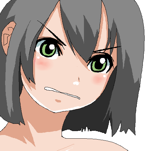 lowres, angry, bare shoulders, black hair, green eyes, gununu (meme), meme, oekaki, portrait, short hair, solo