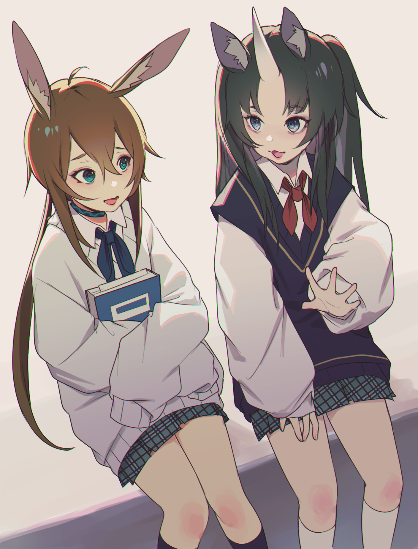 ev-oo, amiya (arknights), clovisia (arknights), arknights, highres, 2girls, animal ear fluff, animal ears, black hair, black socks, blue ribbon, book, looking at another, multiple girls, red ribbon, ribbon, shirt, simple background, sleeves past fingers, sleeves past wrists, socks, sweater, thorns, white background, white shirt, white socks