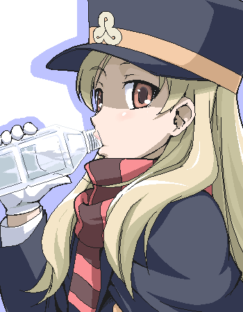 chiaki (shigofumi), shigofumi, lowres, 00s, 1girl, blonde hair, bottle, drinking, female focus, gloves, hat, long hair, oekaki, scarf, shako cap, solo, striped clothes, striped scarf