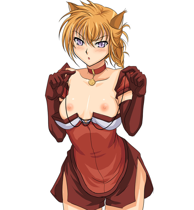 syunzou, lyre (fire emblem), fire emblem, fire emblem: radiant dawn, nintendo, 1girl, animal ears, blonde hair, blush, breasts, cat ears, collar, elbow gloves, female focus, gloves, laguz (race), nipples, purple eyes, simple background, small breasts, solo, topless female, tsundere