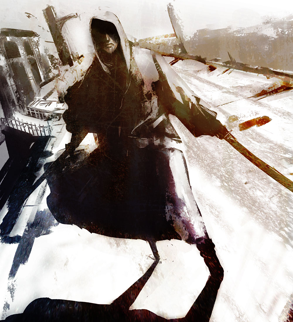 huke, original, 1boy, beard, facial hair, hood, katana, male focus, solo, sword, weapon
