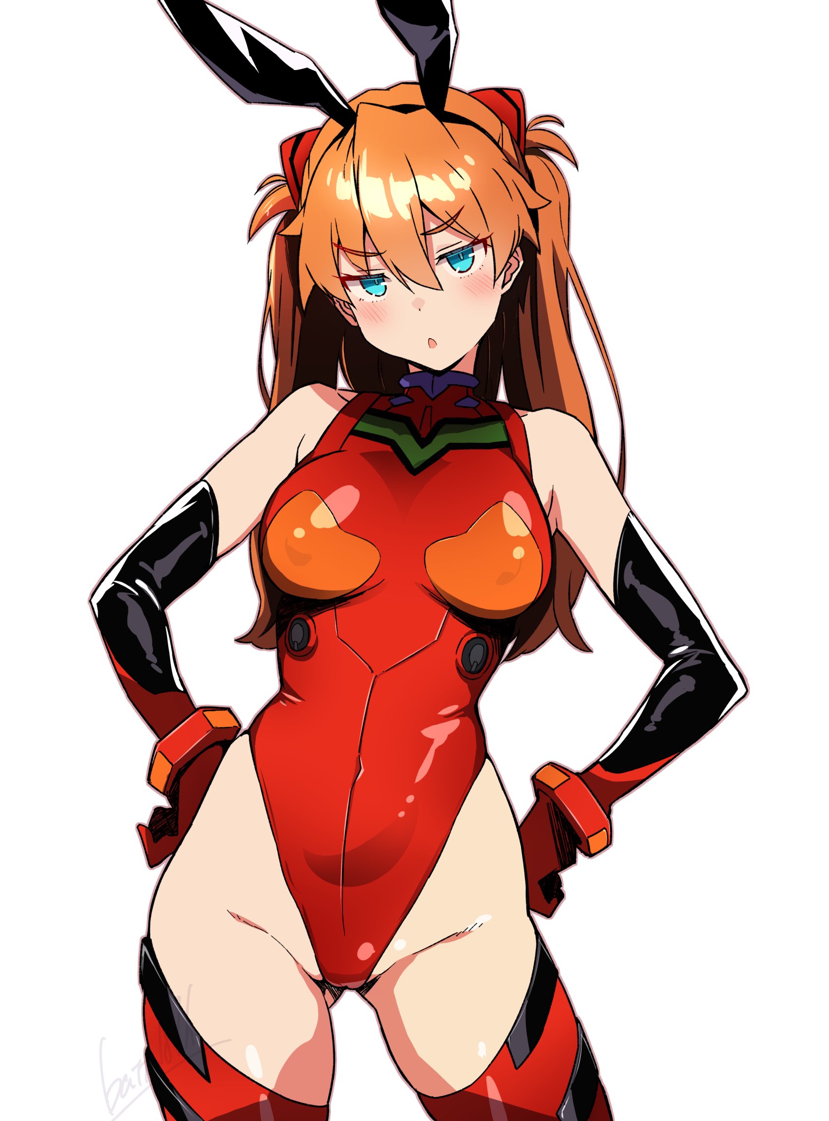 batta 16-sei, souryuu asuka langley, neon genesis evangelion, highres, 1girl, animal ears, blue eyes, blush, breasts, covered erect nipples, curvy, elbow gloves, fake animal ears, gloves, gluteal fold, groin, hands on own hips, headgear, highleg, highleg leotard, leotard, looking at viewer, mecha pilot suit, medium breasts, plugsuit (evangelion), rabbit ears, red hair, red leotard, red thighhighs, simple background, thighhighs, thighs, two side up, white background, wide hips