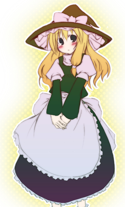 togashi yuu, kirisame marisa, touhou, 1girl, apron, black dress, blonde hair, blue eyes, blush, dress, female focus, frills, hat, layered sleeves, long sleeves, looking at viewer, puffy short sleeves, puffy sleeves, short over long sleeves, short sleeves, solo, tareme, v arms, waist apron, witch hat