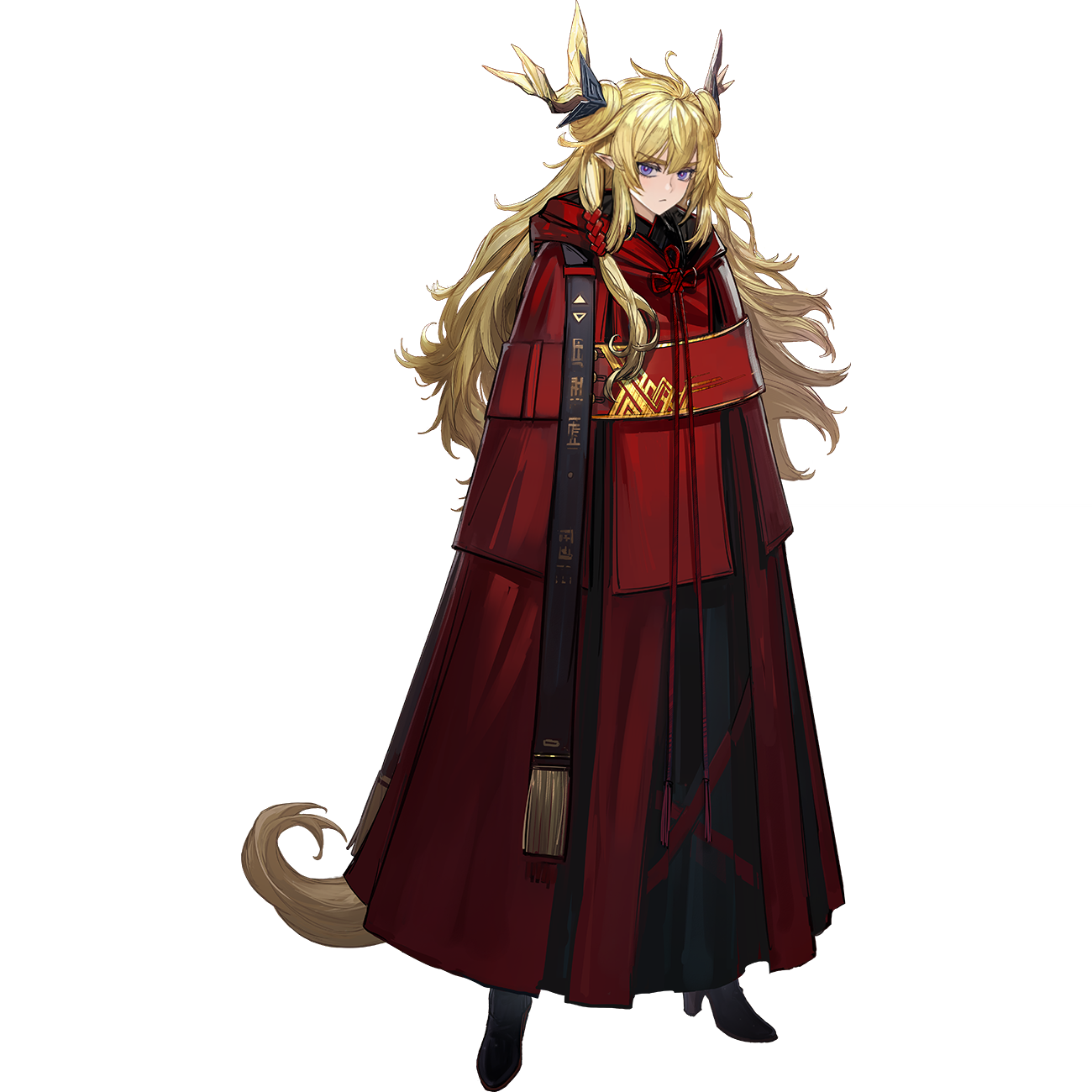 ryuuzaki ichi, leizi (arknights), arknights, highres, official art, third-party source, 1girl, black shoes, blonde hair, cloak, closed mouth, eastern dragon horns, full body, high heels, hood, hood down, hooded cloak, horns, long hair, looking at viewer, official alternate costume, purple eyes, red cloak, shoes, simple background, solo, standing, tachi-e, tail, transparent background