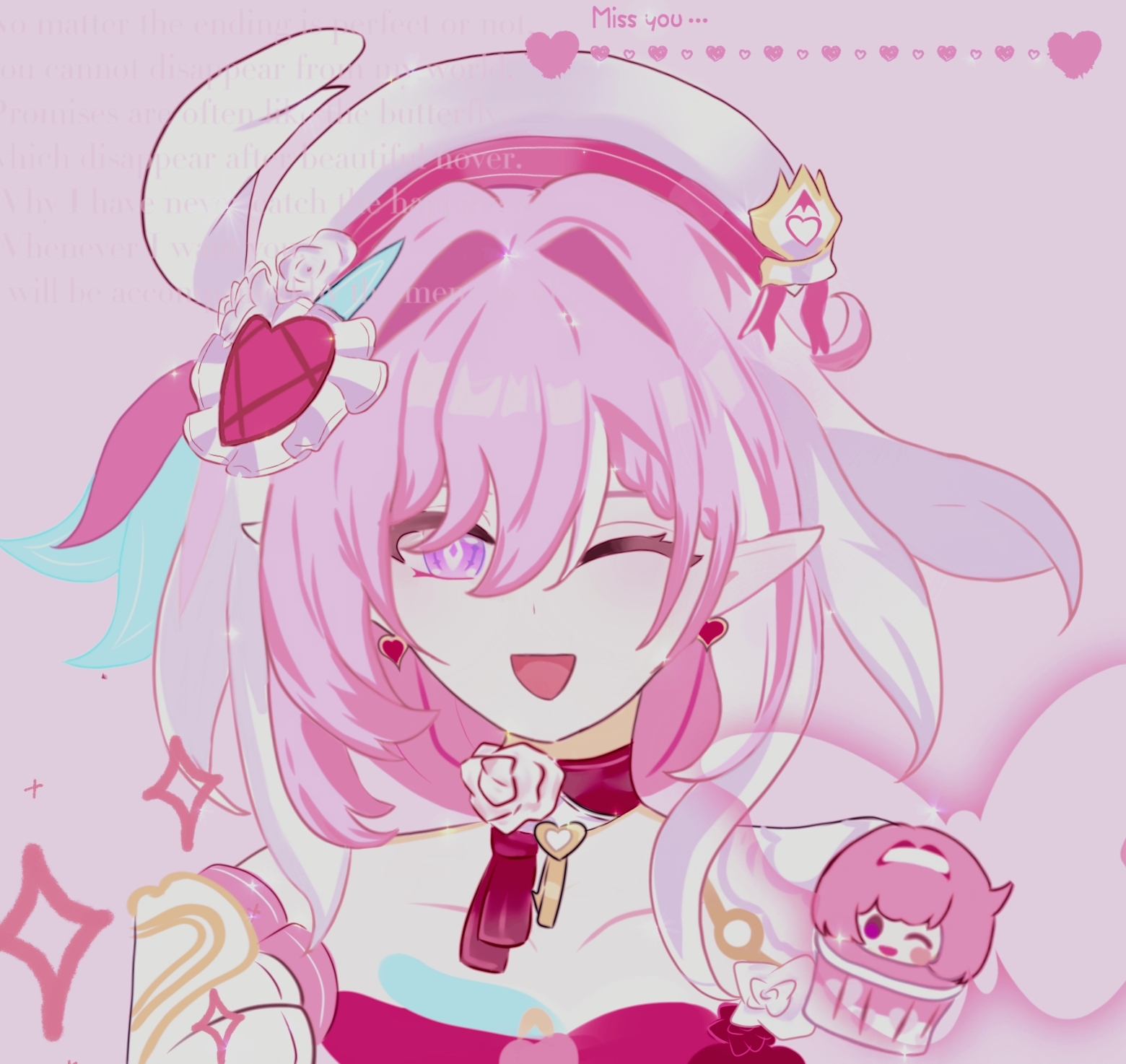elysia (honkai impact), honkai (series), honkai impact 3rd, chinese commentary, commentary request, highres, 1girl, ;o, bare shoulders, beret, cupcake, dress, earrings, elf, elysia (hi elf of love) (honkai impact), food, hat, heart, heart earrings, jewelry, long hair, looking at viewer, multicolored hair, one eye closed, pink hair, pointy ears, purple eyes, smile, solo, two-tone hair, upper body, very long hair, white hair, wu sui