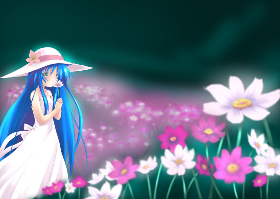 dousaki shin'ya, izumi kanata, lucky star, 00s, 1girl, bare shoulders, blue eyes, blue hair, dress, female focus, field, flower, flower field, glowing, hat, looking at viewer, matching hair/eyes, outdoors, scenery, sleeveless, sleeveless dress, solo, standing, sun hat, sundress, white dress