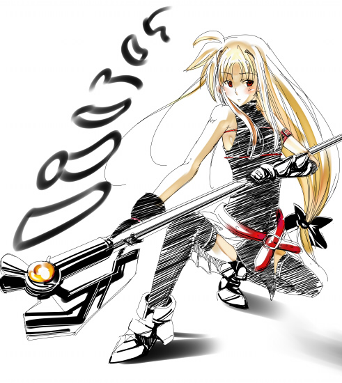 boshi (a-ieba), boshinote, bardiche (assault form) (nanoha), bardiche (nanoha), fate testarossa, fate testarossa (lightning form), lyrical nanoha, mahou shoujo lyrical nanoha, mahou shoujo lyrical nanoha strikers, 00s, 1girl, blonde hair, female focus, long hair, low-tied long hair, solo, thighhighs, very long hair