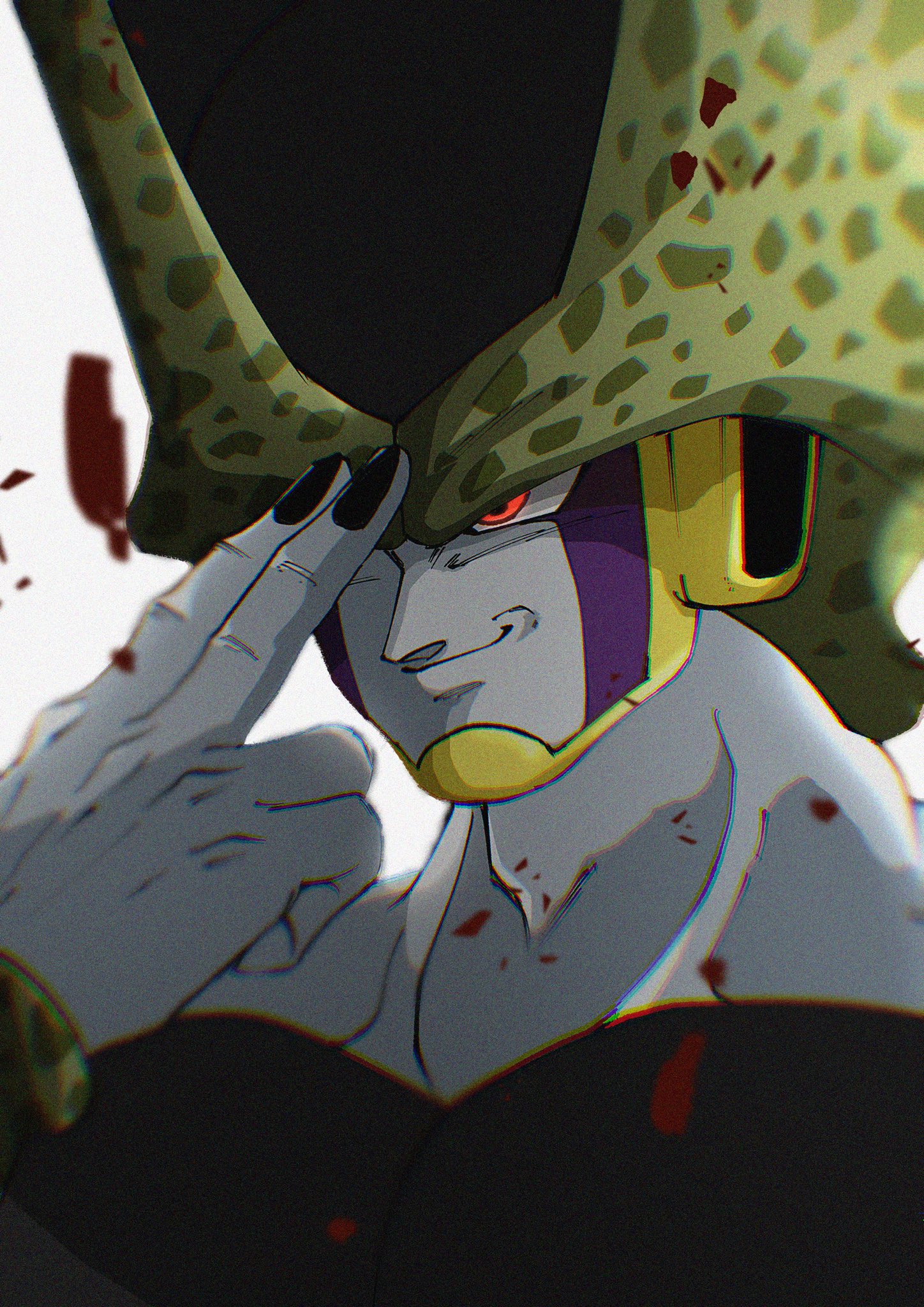 stktik09060906, cell (dragon ball), dragon ball, dragonball z, highres, 1boy, finger on forehead, grey background, male focus, red eyes, simple background, smirk, solo, upper body
