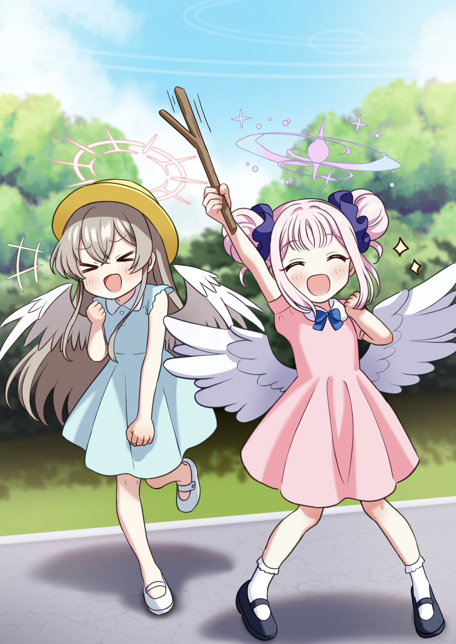 gesupi (provlemsolver57), mika (blue archive), nagisa (blue archive), blue archive, highres, 2girls, aged down, angel wings, blue dress, closed eyes, double bun, dress, feathered wings, hair bun, hair ornament, halo, hat, holding, holding stick, long hair, low wings, multiple girls, open mouth, pink dress, pink hair, pink halo, smile, stick, white wings, wings