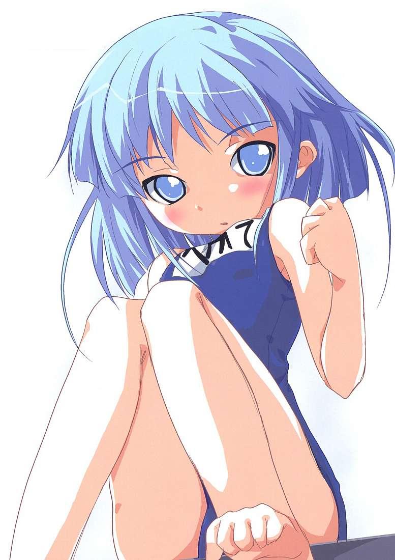 hecate (shakugan no shana), shakugan no shana, jpeg artifacts, 00s, 1girl, blue eyes, blue hair, blush, female focus, matching hair/eyes, name tag, one-piece swimsuit, school swimsuit, solo, swimsuit