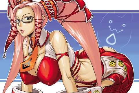 pi (.hack//), .hack//, .hack//g.u., bandai, cyber connect 2, lowres, 00s, 1girl, breasts, brown eyes, cleavage, covered erect nipples, female focus, glasses, huge breasts, long hair, pink hair, revealing clothes, solo, twintails, very long hair