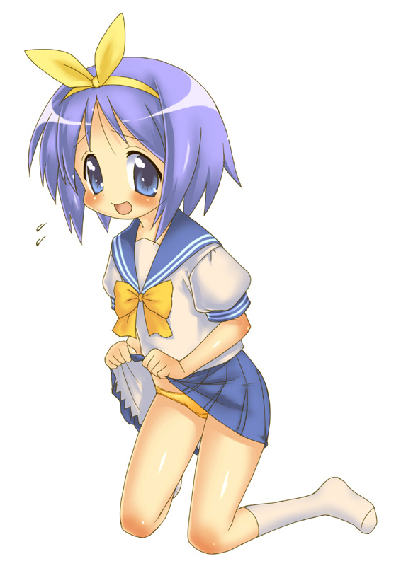 hiiragi tsukasa, lucky star, 00s, blush, clothes lift, lifting own clothes, loli, panties, school uniform, serafuku, skirt, skirt lift, solo, underwear