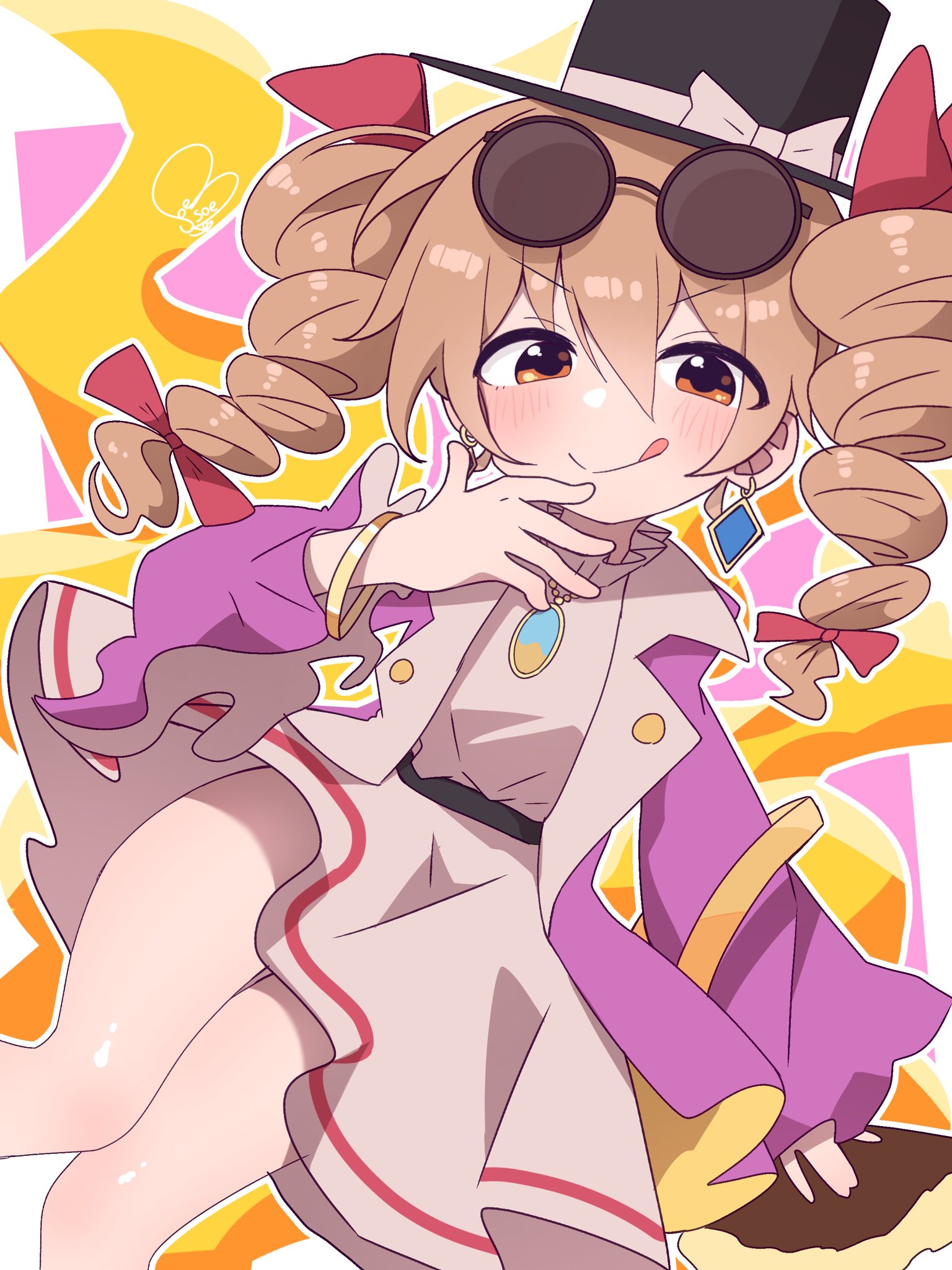soesoe300, yorigami jo'on, touhou, commentary request, highres, 1girl, :q, ||/, bangle, bow, bracelet, breasts, coat, dress, drill hair, eyewear on head, feet out of frame, hair between eyes, hair bow, hand up, hat, jewelry, knees together feet apart, long hair, long sleeves, looking at viewer, medium breasts, necklace, orange eyes, orange hair, purple coat, red bow, round eyewear, simple background, sleeves past wrists, solo, tongue, tongue out, top hat, twin drills, v-shaped eyebrows, white dress