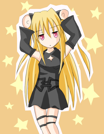 cannabel, konjiki no yami, to love-ru, lowres, 00s, 1girl, arms up, blonde hair, caramelldansen, detached sleeves, dress, female focus, long hair, pink eyes, red eyes, solo, star (symbol), thigh strap